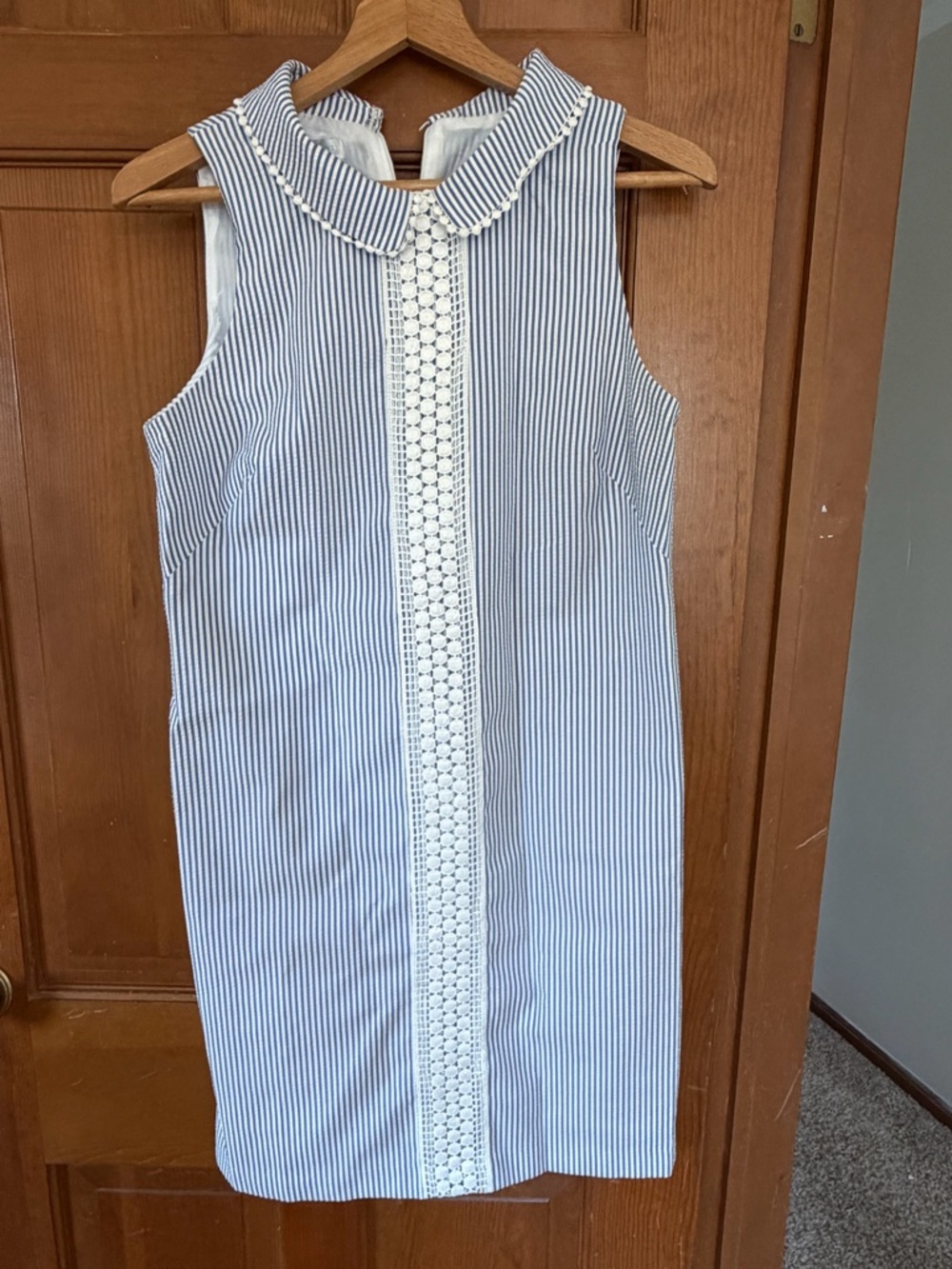 Sleeveless Striped Shift Dress with Lace Trim - Blue & White